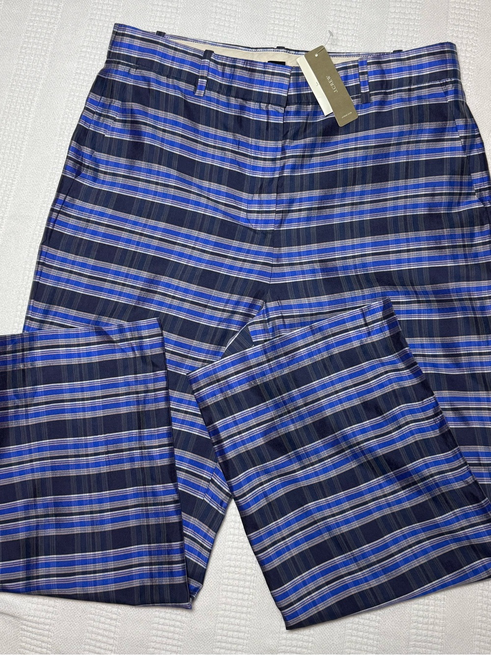 NWT J.Crew Collection 100% Silk Plaid Wide Leg Cropped Pants Blue Size 8